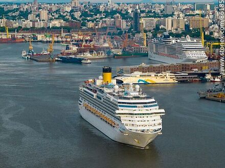 Aerial view of the Costa Favolosa cruise ship departing from port - Department of Montevideo - URUGUAY. Photo #86185