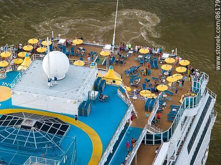Aerial view of deck areas of the Costa Favolosa cruise ship. At the stern of the ship - Department of Montevideo - URUGUAY. Photo #86179