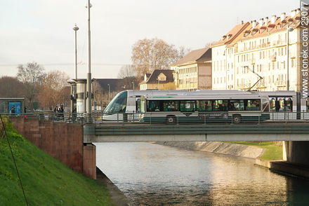 Streetcar over the bridge of the rue de la 1ère Armée street - Region of Alsace - FRANCE. Photo #29077