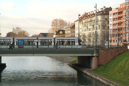 Streetcar over the bridge of the rue de la 1ère Armée street - Region of Alsace - FRANCE. Photo #29078