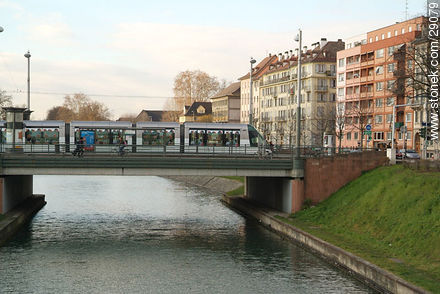 Streetcar over the bridge of the rue de la 1ère Armée street - Region of Alsace - FRANCE. Photo #29079